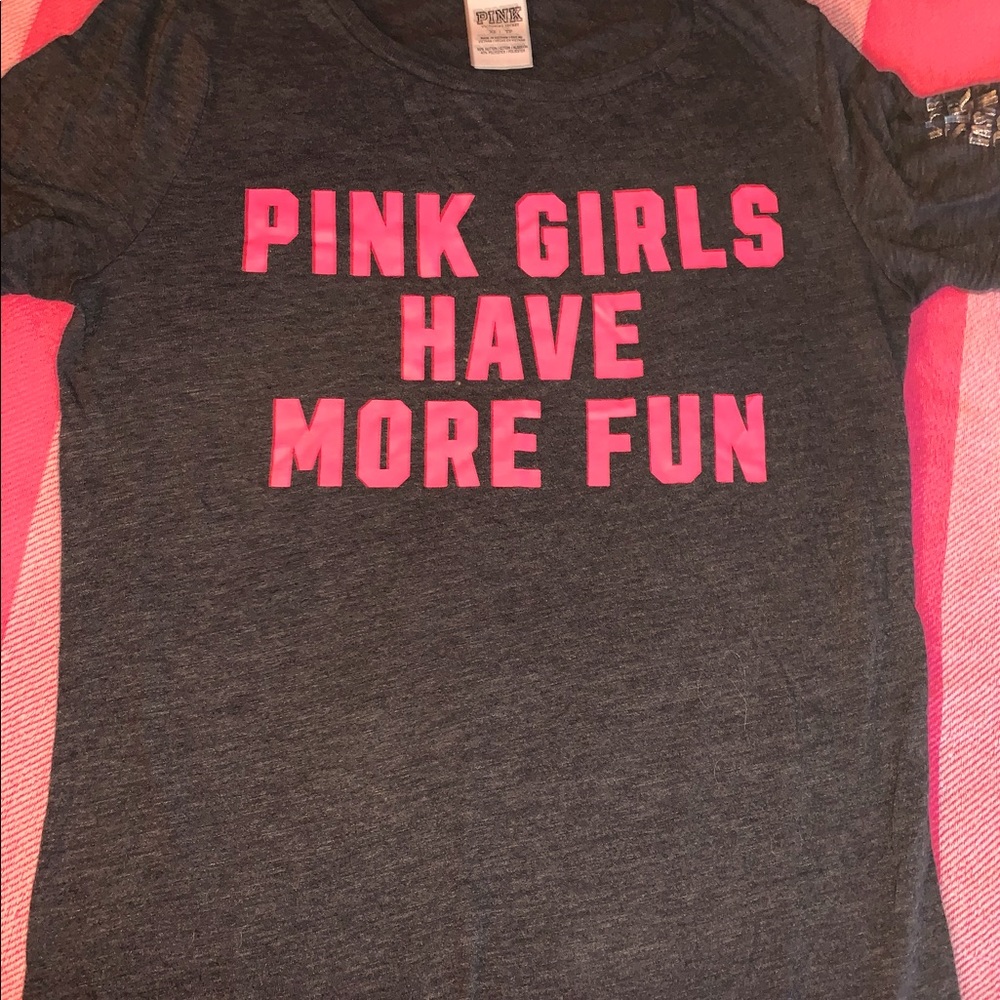 Pink Brand T-shirt. Dark Heather grey with hot pink lettering. XS fits like a S.